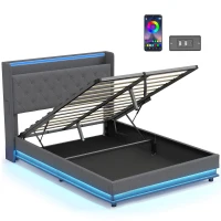 HOMCOM Lit coffre 140x190cm éclairage LED et station de charge cadre de lit double rembourré lin rangement hydraulique gris(m-12)