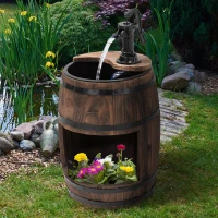 Outsunny Gartenbrunnen Zierbrunnen Springbrunnen Fassbrunnen Wasserfall Holzfass mit Pflanzgefäß Tannenholz Dunkelbraun Ø27 x 59 cm(m-2)