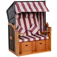 Outsunny Corbeille de plage 2 places - Cabine chaise de plage inclinable - abri plage strandkorb - coussins, repose-pieds, tablettes, pare-soleil - bois résine tressée polyester beige bordeaux(m-11)