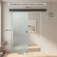 HOMCOM Porta Scorrevole in Vetro Sabbiato con Binario Silenzioso e Guida, 77.5x205 cm, Trasparente(m-3)