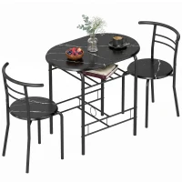 HOMCOM Conjunto de jantar 3 peças, mesa de cozinha e cadeiras para 2 pessoas com prateleira, sala de estar, efeito mármore preto(m-6)