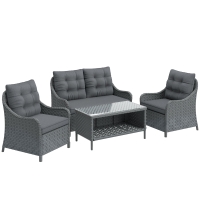 Outsunny 4-Piece Wicker Patio Furniture Set with 2 Armchairs, Loveseat, Glass Coffee Table, Conversation Sofa Set, Dark Grey