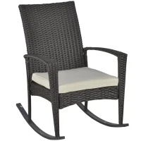 Outsunny Schaukelstuhl Schwingsessel Gartenstuhl mit Kissen , Polyrattan+Metall, Braun+Cremeweiß, 66 x 88 x 98 cm(m-11)
