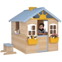 Outsunny Wooden Playhouse, Wendy House with Door, Bench, Flowerpot Holder, for Ages 3-7 Years, Blue(m-1)