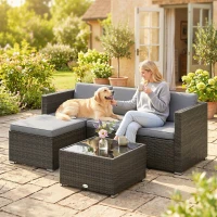 Outsunny 3 Pieces Garden Furniture Set w/ Cushions, PE Rattan Wicker Conversation Corner Sofa Set, Light Grey(m-9)