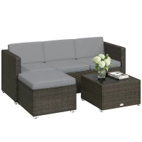 Outsunny 3 Pieces Garden Furniture Set w/ Cushions, PE Rattan Wicker Conversation Corner Sofa Set, Light Grey(m-10)