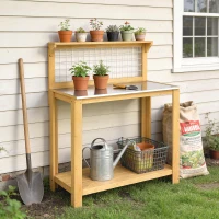 Outsunny Wooden Potting Bench Table with Aluminium Worktop, Outdoor Garden Workbench with 2 Shelves(m-2)