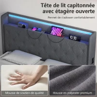 HOMCOM Lit coffre 140x190cm éclairage LED et station de charge cadre de lit double rembourré lin rangement hydraulique gris(m-7)
