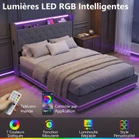 HOMCOM Lit coffre 140x190cm éclairage LED et station de charge cadre de lit double rembourré lin rangement hydraulique gris(m-5)