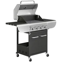 Outsunny Barbacoa de Gas con 4 Quemadores 12,8 kW Termómetro Parrillas de Hierro Fundido Mesas Laterales Armario y Ruedas Negro(m-1)