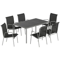 Outsunny Salon de Jardin 6 Personnes Ensemble Table et Chaises Jardin avec Chaises Empilables en Textilène 70x51x87cm Argent(m-12)