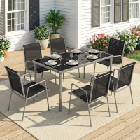 Outsunny Salon de Jardin 6 Personnes Ensemble Table et Chaises Jardin avec Chaises Empilables en Textilène 70x51x87cm Argent(m-10)