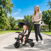 HOMCOM Dreirad mit Schubstange drehbarer Sitz 4-in-1 Kinderdreirad Kinder Fahrrad klappbar abnehmbar Kinderauto Metall EVA Schwarz 111,5 x 52 x 98 cm(m-2)
