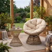 Outsunny Fotoliu din coș Fotoliu din ratan Scaun outdoor, stil boho, rezistent la intemperii, 85 cm x 70 cm x 82 cm, Crem + Natural(m-7)