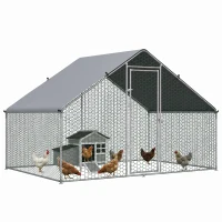 PawHut Enclos pour Poules XXL 6 m² - Grand Parcours Extérieur en Acier Galvanisé 3x2x2m - Volière de Jardin Anti-renard avec Bâche de Toit pour 4-6 Poules, Canards ou Lapins, Gris(m-1)