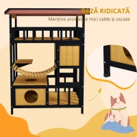 PawHut Casă de pisici, Paradisul pisicilor cu platforme, pod suspendat și cuiburi de pisici, potrivit pentru până la 2 pisici, lemn(m-4)