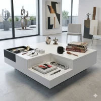 Couchtisch Hochglanz, Beistelltisch mit abnehmbarer Aufbewahrungsbox und LED-Lichteffekt, 72×72×30 cm, Weiß(m-5)