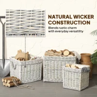 Outsunny Set of 3 Log Baskets for Wood Burner Indoor, Storage Basket with Lining and Rope Handles, Wicker Basket for Fireside Storage, Blankets, Beige(m-4)