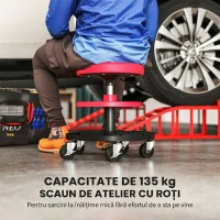 HOMCOM Scaun de Atelier cu Roți de 6 cm, Capacitate până la 135 kg, Înălțime Reglabilă 40-51 cm, cu Tăvi pentru Scule, Roșu(m-4)