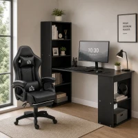HOMCOM Birou PC din Lemn cu 6 Rafturi Laterale pentru Depozitare, 120x55x120 cm, Negru(m-8)
