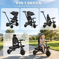 HOMCOM Dreirad mit Schubstange drehbarer Sitz 4-in-1 Kinderdreirad Kinder Fahrrad klappbar abnehmbar Kinderauto Metall EVA Schwarz 111,5 x 52 x 98 cm(m-4)