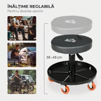 HOMCOM Scaun de atelier cu roți și suport pentru unelte, înălțime reglabilă și rotire, Ø40x25-48cm, negru(m-5)