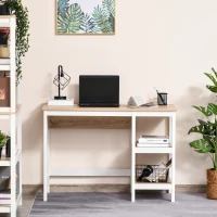 HOMCOM Scrivania per Computer Multimediale con 2 Ripiani Laterali, in MDF E1, 110x48x76 cm, Rovere Chiaro e Bianco(m-5)