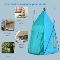 Outsunny Leagan pentru gradina cu prelata pentru copii cu varste cuprinse intre 3 – 8 ani, leagan cuib Ø100cm cu franghii reglabile, albastru(m-5)