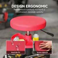 HOMCOM Scaun de Atelier cu Roți de 6 cm, Capacitate până la 135 kg, Înălțime Reglabilă 40-51 cm, cu Tăvi pentru Scule, Roșu(m-6)
