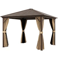 Outsunny 3 x 3(m) Metal Hardtop Gazebo, with Curtains and Accessories - Brown(m-12)