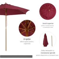 Outsunny Umbrela din lemn pentru soare, bordo, Φ2.5m(m-6)