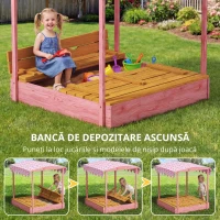 AIYAPLAY Ladă de Nisip pentru Copii 3-6 Ani cu Acoperiș cu Flamingo, Scaune Pliabile, Capac și Husă Incluse, Ladă de Joacă din Lemn de Brad, 134,5x127,5x130 cm, Roz(m-7)