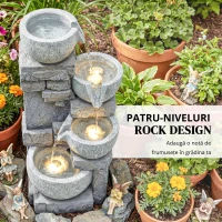 Outsunny Fântână de grădină Cascadă 4 niveluri Decorațiune efect piatră și cărămidă cu iluminare LED 28 x 25 x 54,5 cm Gri(m-6)
