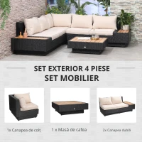 Outsunny Set Salon de Gradina 4 Piese din Ratan, Canapea de Exterior Coltar cu Perne, Masute Laterale si Masa de Cafea, Negru(m-6)
