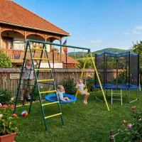 Outsunny Set de Leagan pentru Copii 4 in 1 cu Leagan cu Farfurie, Scaun, Scara/Plasa de Catarat, Cos de Baschet, Galben(m-11)