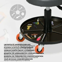 HOMCOM Scaun de atelier cu roți și suport pentru unelte, înălțime reglabilă și rotire, Ø40x25-48cm, negru(m-4)