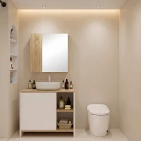 Kleankin Dulap cu oglinda pentru baie cu montaj pe perete, dulap pentru baie cu oglinda, usi duble si rafturi de depozitare, natural(m-12)