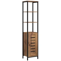 kleankin Columna de Baño Estrecha con Puerta de Lamas Estantes Ajustables Compartimentos Abiertos 37x30x167 cm Marrón Rústico(m-10)