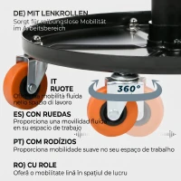 HOMCOM Scaun de atelier cu roți și suport pentru unelte, înălțime reglabilă și rotire, Ø40x25-48cm, negru(m-6)