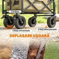 Outsunny Cărucior de grădină 110L cu mâner telescopic și bază rabatabilă din oțel și material textil Oxford, culoare kaki(m-7)