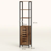 kleankin Columna de Baño Estrecha con Puerta de Lamas Estantes Ajustables Compartimentos Abiertos 37x30x167 cm Marrón Rústico(m-3)