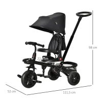 HOMCOM Dreirad mit Schubstange drehbarer Sitz 4-in-1 Kinderdreirad Kinder Fahrrad klappbar abnehmbar Kinderauto Metall EVA Schwarz 111,5 x 52 x 98 cm(m-3)