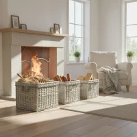 Outsunny Set of 3 Log Baskets for Wood Burner Indoor, Storage Basket with Lining and Rope Handles, Wicker Basket for Fireside Storage, Blankets, Beige(m-2)