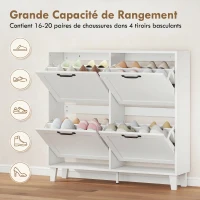 HOMCOM Mobile Scarpe, 4 Cassetti Ribaltabili, Salvaspazio con Ripiani Regolabili, Bianco(m-5)