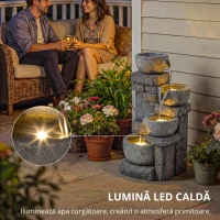 Outsunny Fântână de grădină Cascadă 4 niveluri Decorațiune efect piatră și cărămidă cu iluminare LED 28 x 25 x 54,5 cm Gri(m-7)