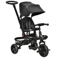 HOMCOM Dreirad mit Schubstange drehbarer Sitz 4-in-1 Kinderdreirad Kinder Fahrrad klappbar abnehmbar Kinderauto Metall EVA Schwarz 111,5 x 52 x 98 cm(m-1)