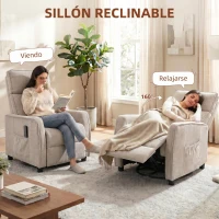 HOMCOM Sillón de Masaje Reclinable con Reposapiés 2 Zonas de Masaje Asiento de Muelles Bolsillos Tapizado en Lino Crema(m-5)