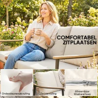 Outsunny Driezits Tuinbank Rotan Loungesofa met Afneembare Kussens Houtlook-Armleuningen Stalen Frame Khaki(m-5)