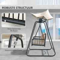 Outsunny Rattan Hollywoodschommel voor 2 Personen met Zonnedak en Kussens, Belastbaar tot 240 kg, 149 x 121 x 180 cm, Khaki(m-4)