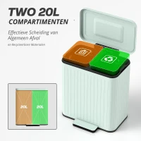 HOMCOM Keukenprullenbak, 2 x 20 L compartimenten, efficiënte afvalscheiding, voetpedaal, kunststof, metaal, groen(m-5)